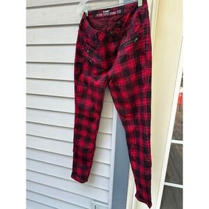 HT Denim Red Black Plaid Hi-Rise Super Skinny Jeans Punk Goth Zipper Details 11